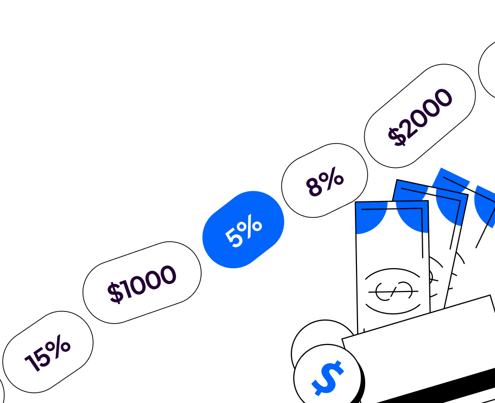 Gráficos: 5%, 15%, $1000, $2000, billetes