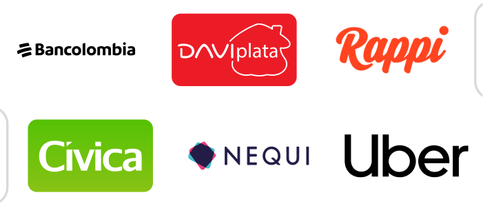 Logos: Bancolombia, Daviplata, Rappi, Cívica, Nequi, Uber